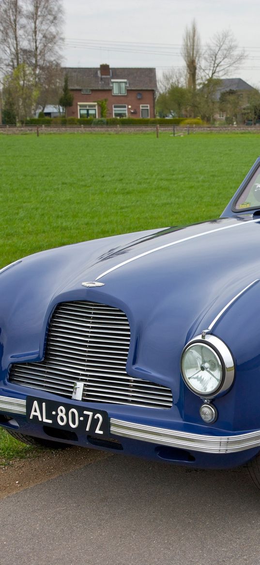 aston martin, 1951, blue, side view, style, cars, nature, grass, houses, trees