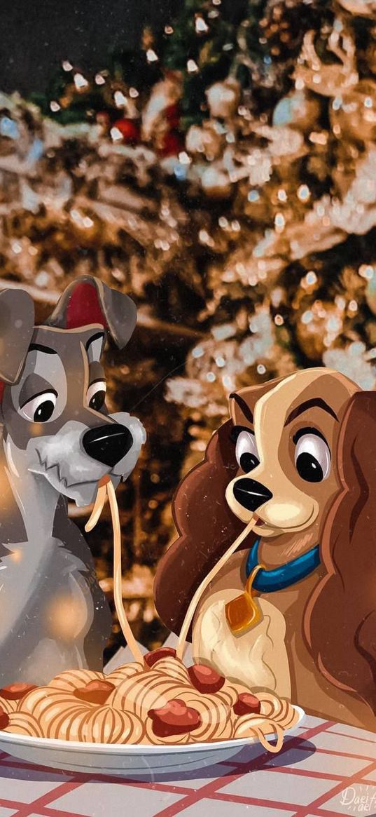 lady and the tramp, lady, tramp, dogs, couple, love, cartoon, spaghetti