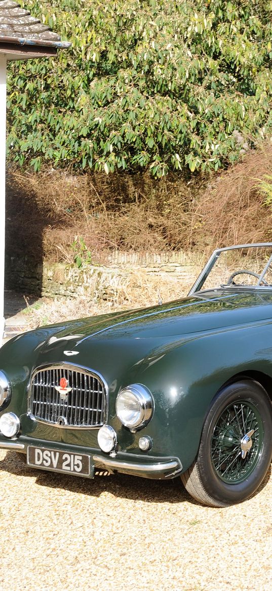 aston martin, 1952, black, front view, style, cars, retro, nature, house, trees, shrubs