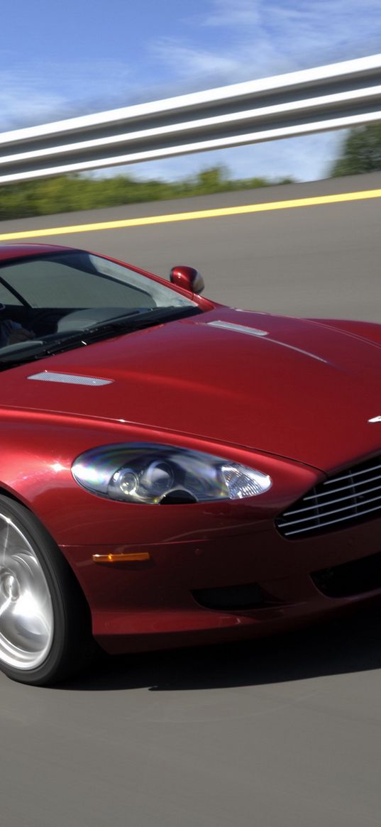 aston martin, db9, 2008, red, side view, style, cars, speed, trees, asphalt