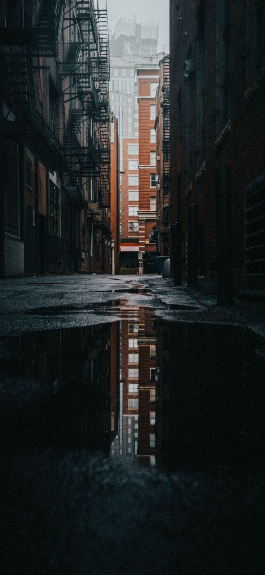 city, dark, puddle, water, reflection