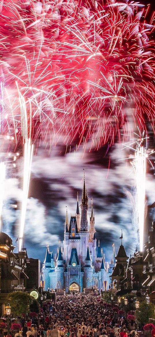 fireworks, disney, holiday, castle, people