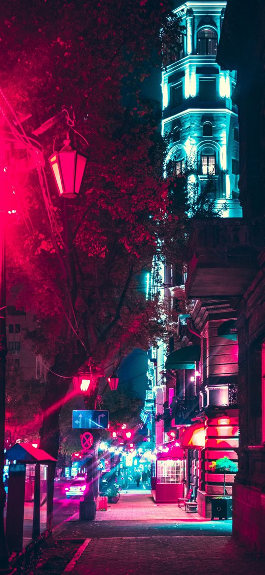 city, night, lights, street, neon color