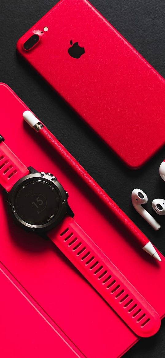 iphone, watches, pencil, headphones, red