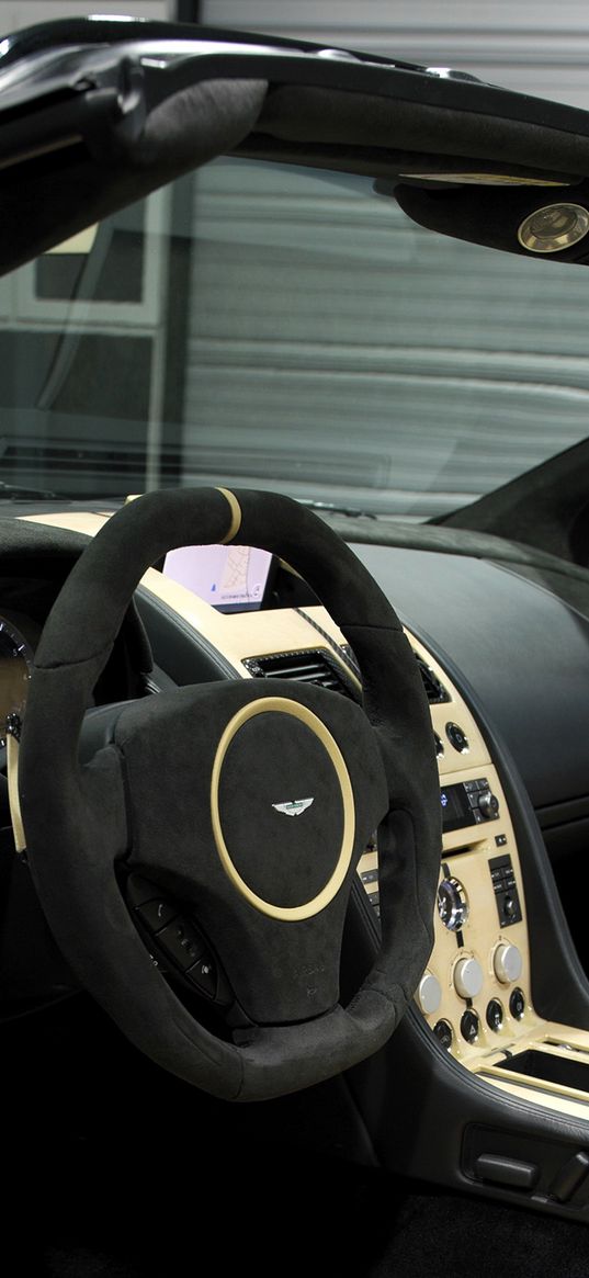 aston martin, db9, 2009, black, salon, interior, steering wheel, speedometer