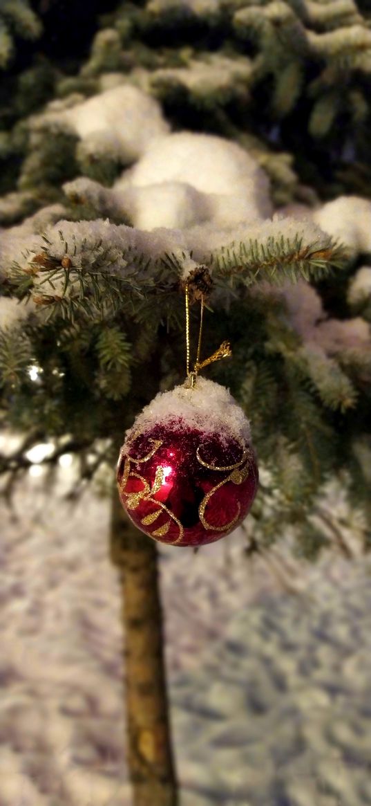 new year, chrismas tree, ball, decoration, snow