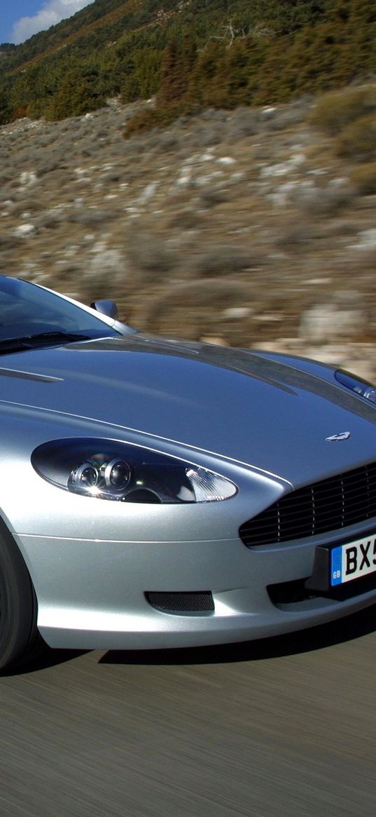 aston martin, db9, 2004, silver metallic, side view, style, cars, speed, nature, trees, asphalt