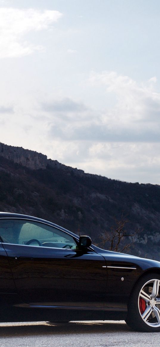 aston martin, db9, 2006, black, side view, style, cars, sports, nature, sky, mountains, trees