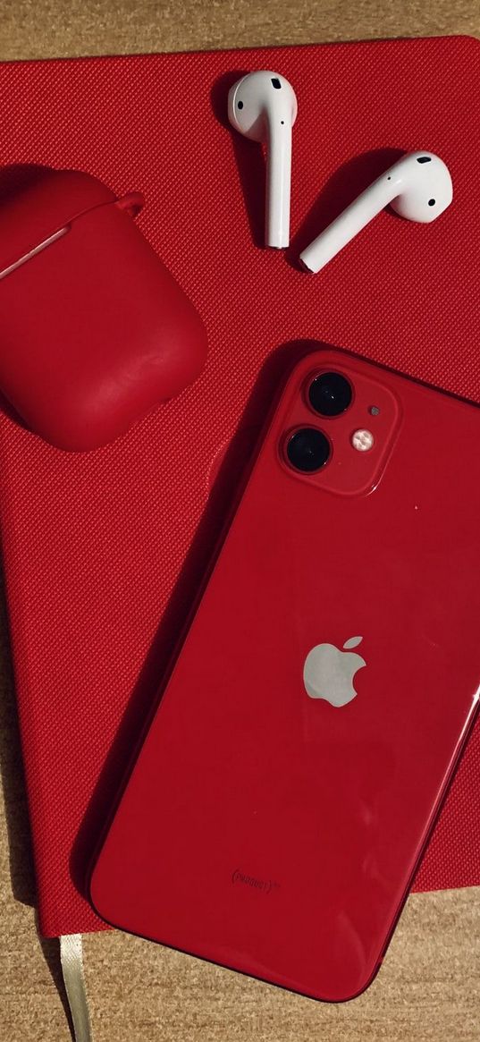 iphone, phone, headphones, notepad, red