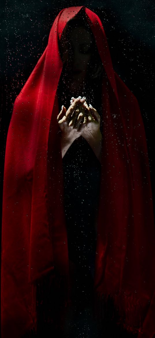 prayer, red cloak, rain, hands