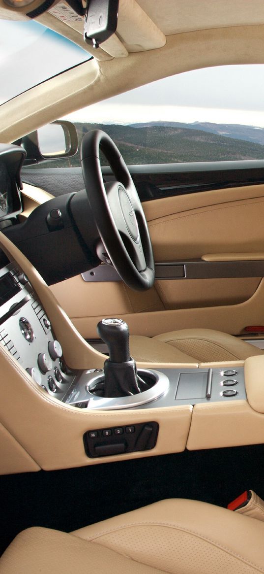 aston martin, db9, 2006, beige, interior, salon steering wheel, speedometer