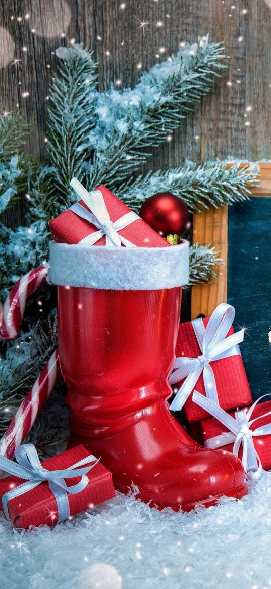 christmas, decor, snow, boots, gifts