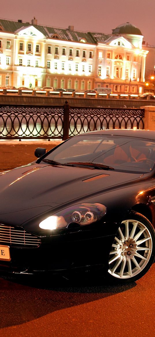 aston martin, db9, 2004, black, front view, style, cars, city, house, lights, asphalt