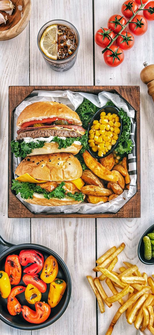 food, burger, peppers, fries, colorful