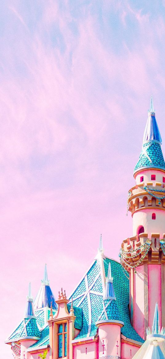 castle, disney, pink sky