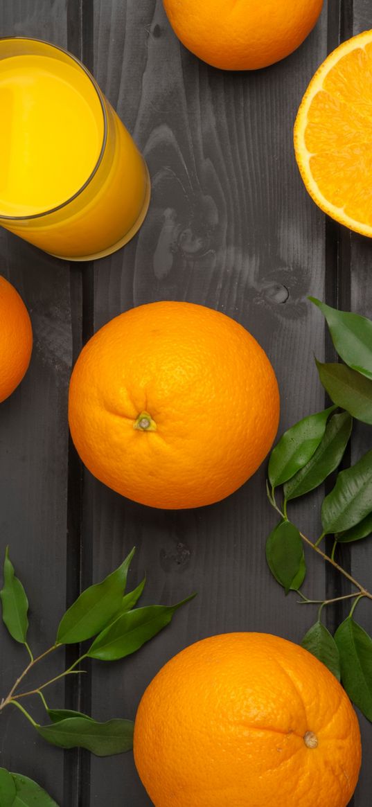 orange, juice, table, leaves