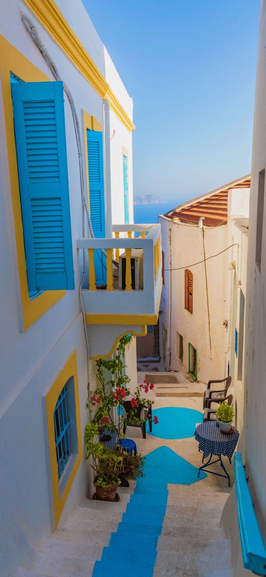 street, houses, balcony, light background, art