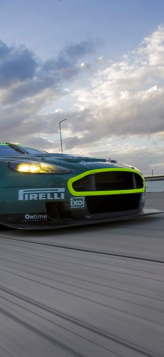 aston martin, dbr9, 2005, green, front view, style, sports, car, racing car, speed, clouds, asphalt