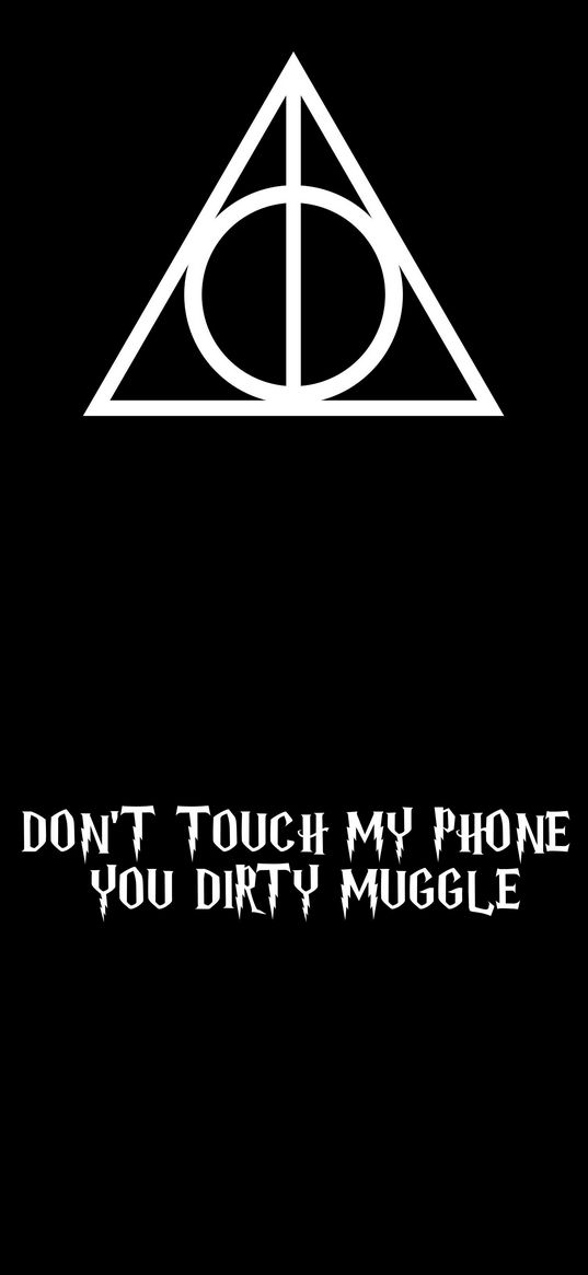 harry potter, deathly hallows, text, words, don't touch my phone, geometry, black background