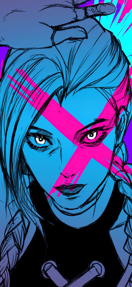 jinx, lol, league of legends, games, arcane, art, girl, blue, cross