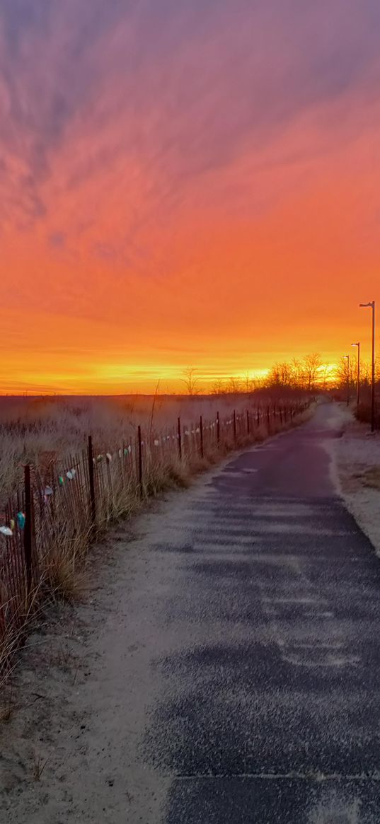 sunrise, morning, road, nature, orange sky, pink sky