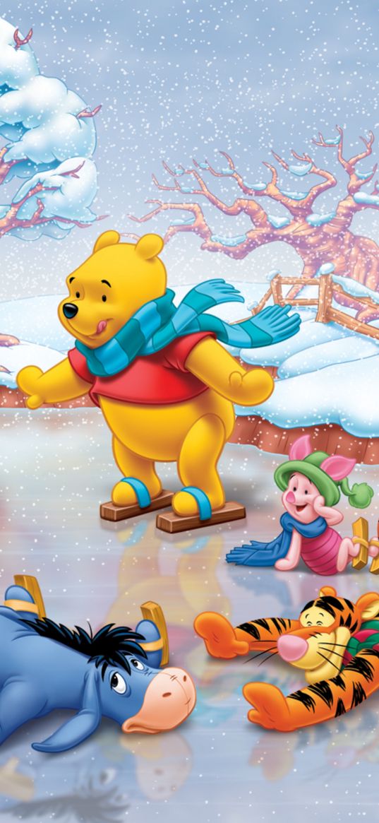 cartoon, characters, bear, donkey, tiger, winter, winnie the pooh, disney