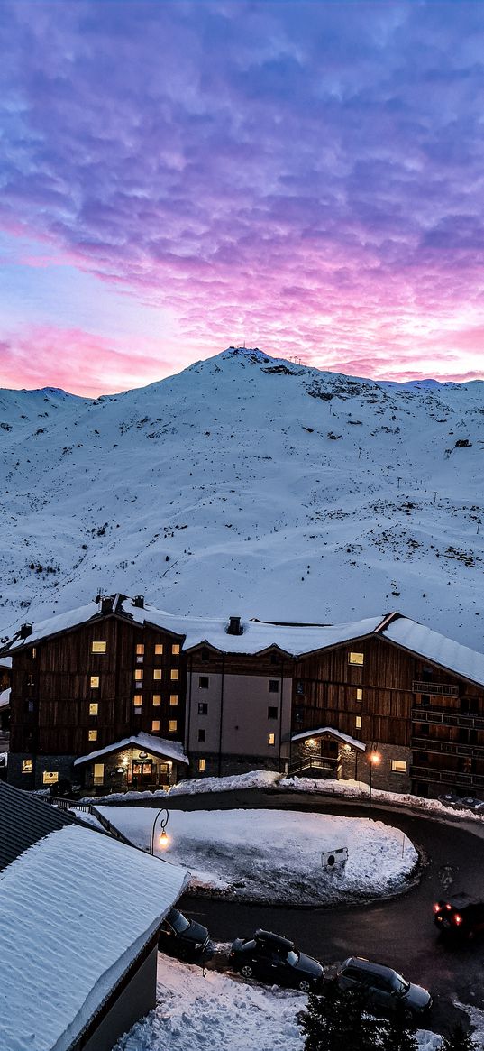 les arcs, mountains, menuire, ski resort, sunset, snow