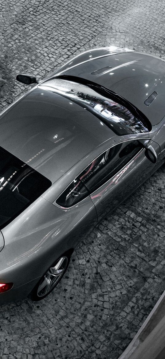 aston martin, db9, 2008, metallic gray, top view, style, cars, reflection