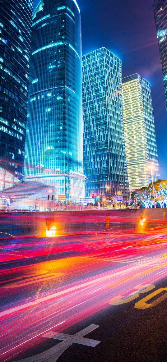 city, evening, road, traffic, neon lights