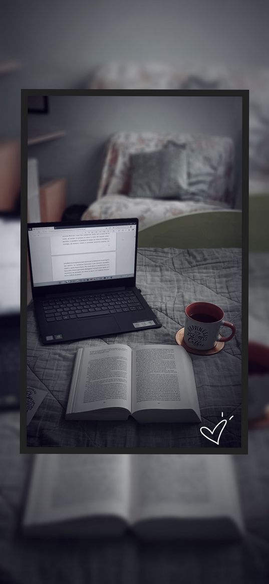 books, laptop, tea, cup