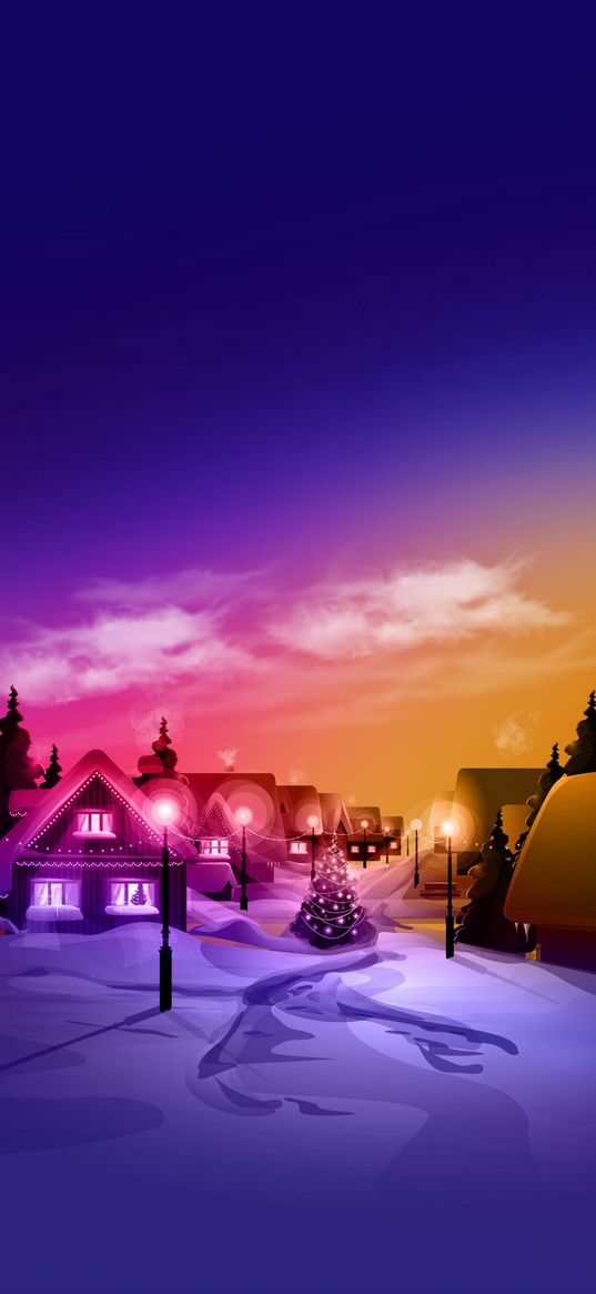 evenin, houses, winter, snow, christmas tree, art