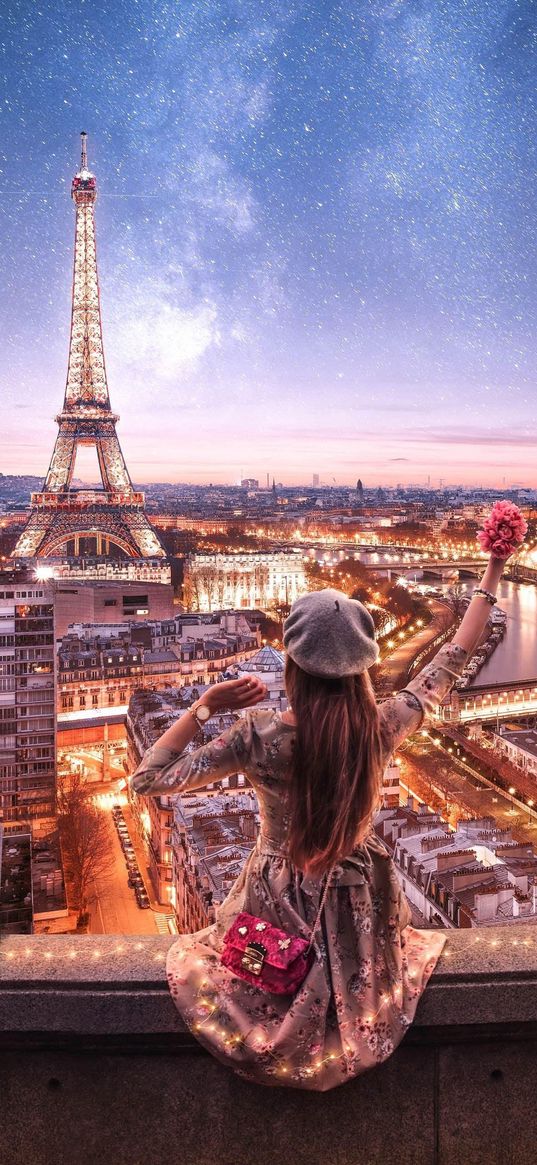 eiffel tower, paris, city, girl, lights