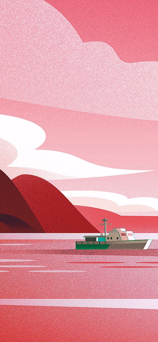 sea, boat, ship, mountain, graphic, art, red, pink