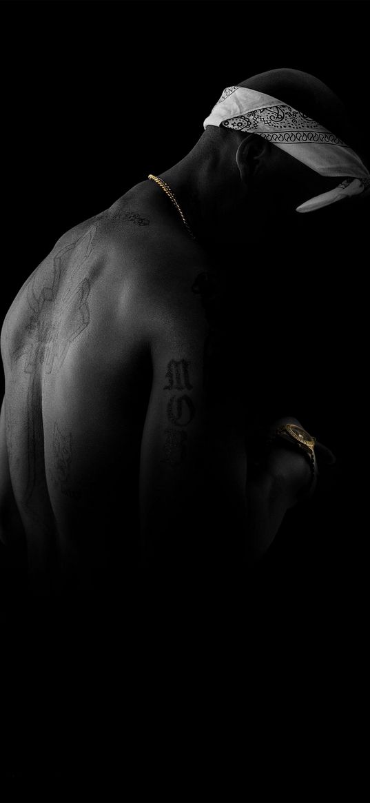 tupac shakur, rap, rapper, west coast, man, tattoo, gold, black background, 2pac