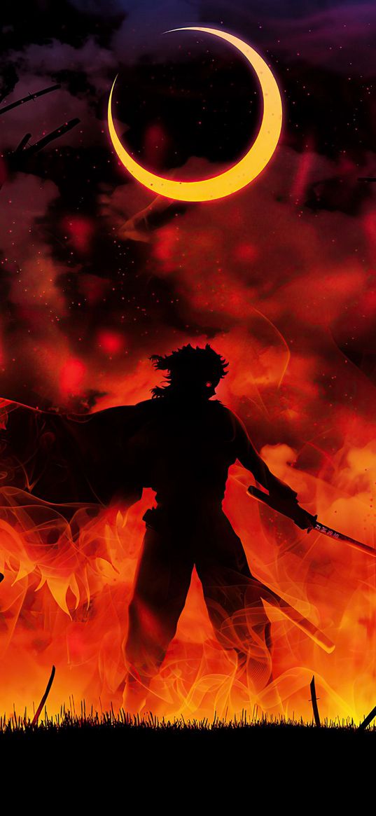 demon slayer, anime, rengoku, moon, fire, art