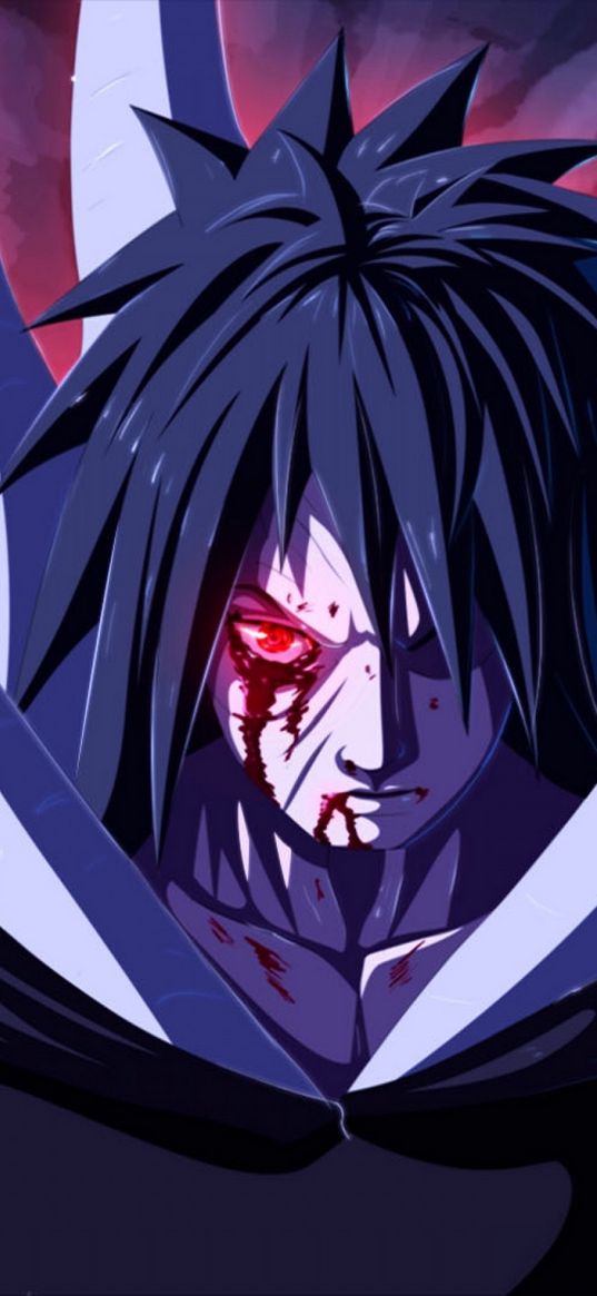 madara uchiha, naruto, anime, red eyes, glance, art