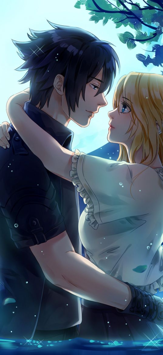 final fantasy, final fantasy xv, ffxv, game, anime, noctis, lunafreya, couple, love, hug, moon, night, romantic