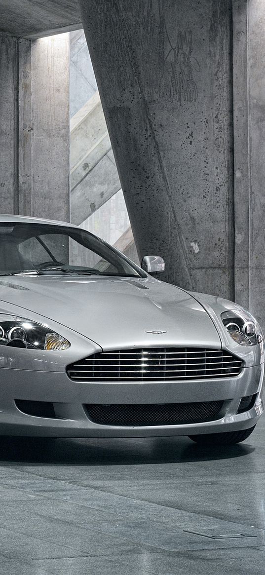 aston martin, db9, 2008, gray metallic, front view, style, cars, reflection