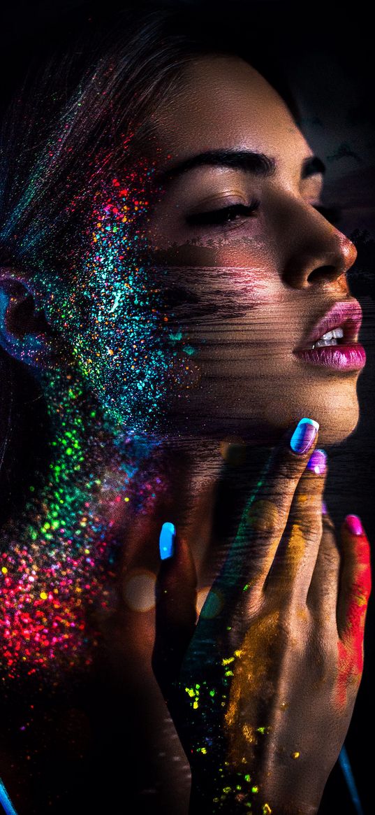 girl, paint, rainbow, colorful, photo, black background