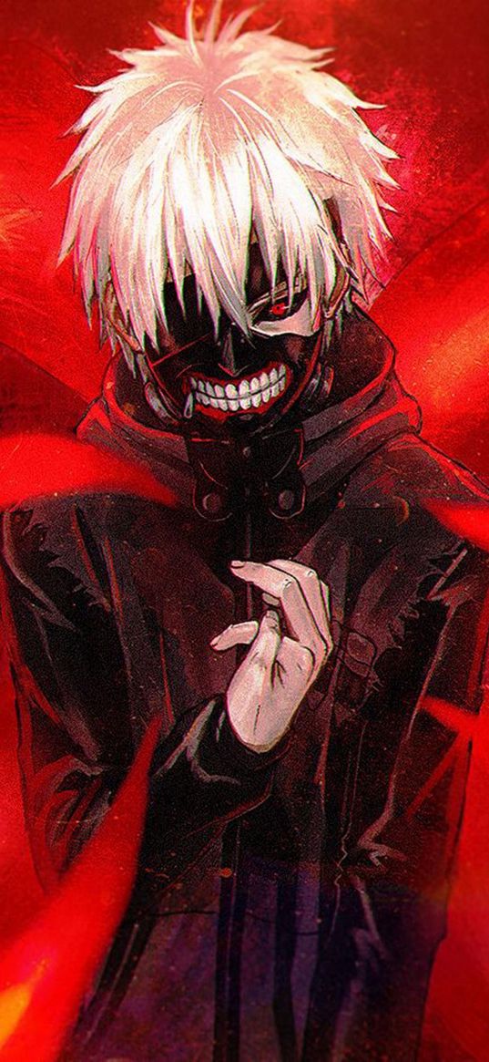 ken kaneki, tokyo ghoul, anime, boy, mask, red background