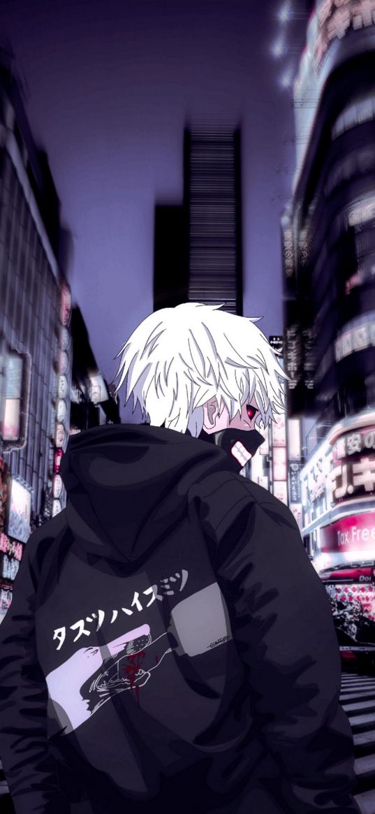 ken kaneki, tokyo ghoul, anime, boy, mask, city