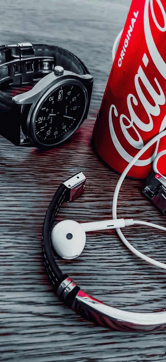 watch, headphones, coca-cola