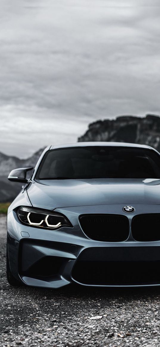 bmw m2, car, headlights, gray, road