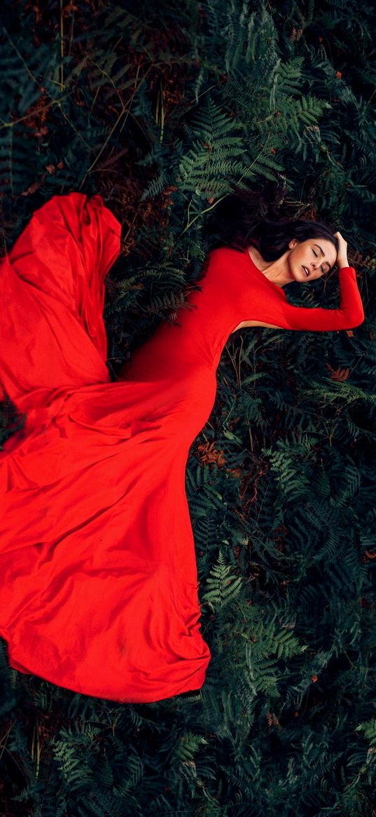 girl, model, pose, red dress, grass