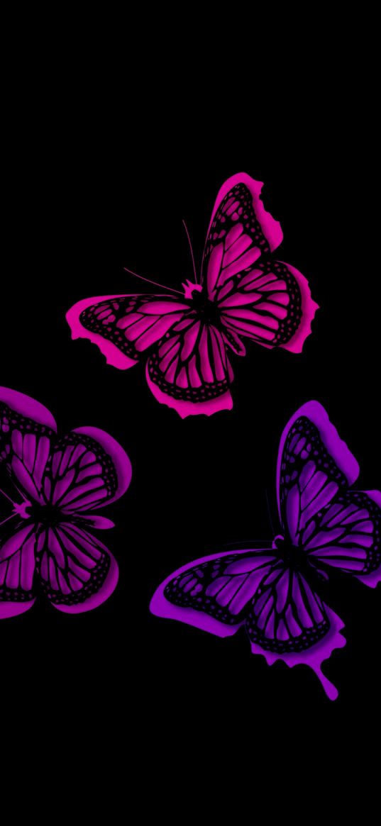 butterflies, neon color, black background