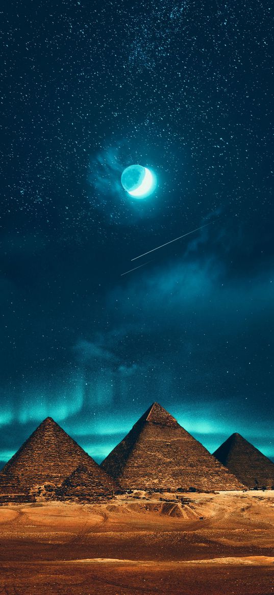 landscape, pyramids, moon, stars