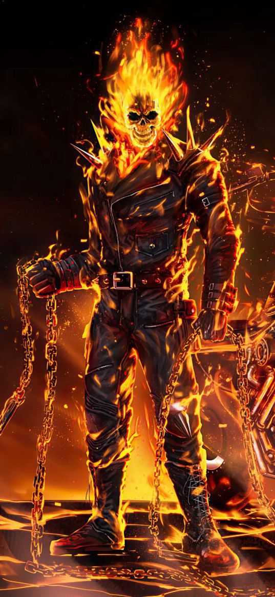 ghost rider, skeleton, fire, motorcyclist