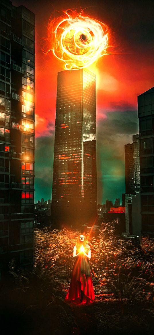 woman, destruction, buildings, black, gold, red, thunder