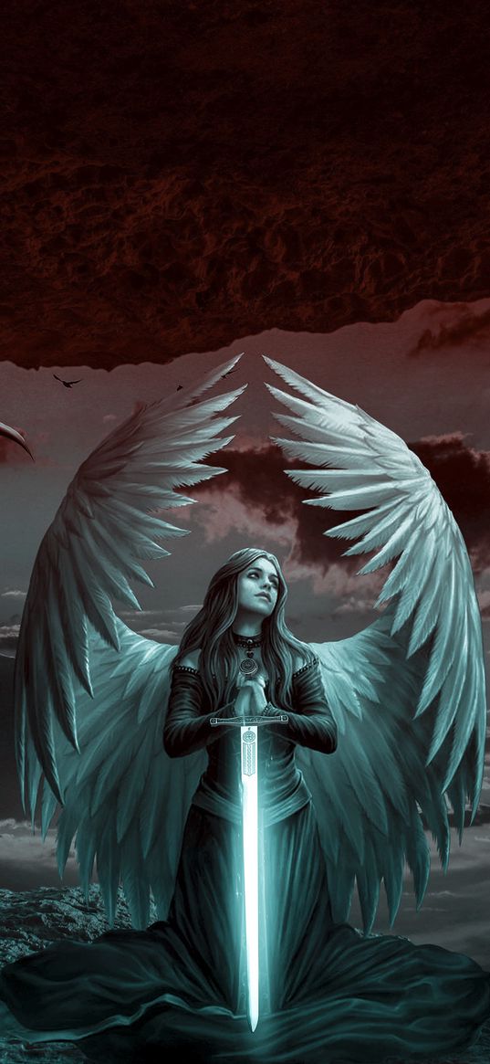 angel, wings, woman, sword