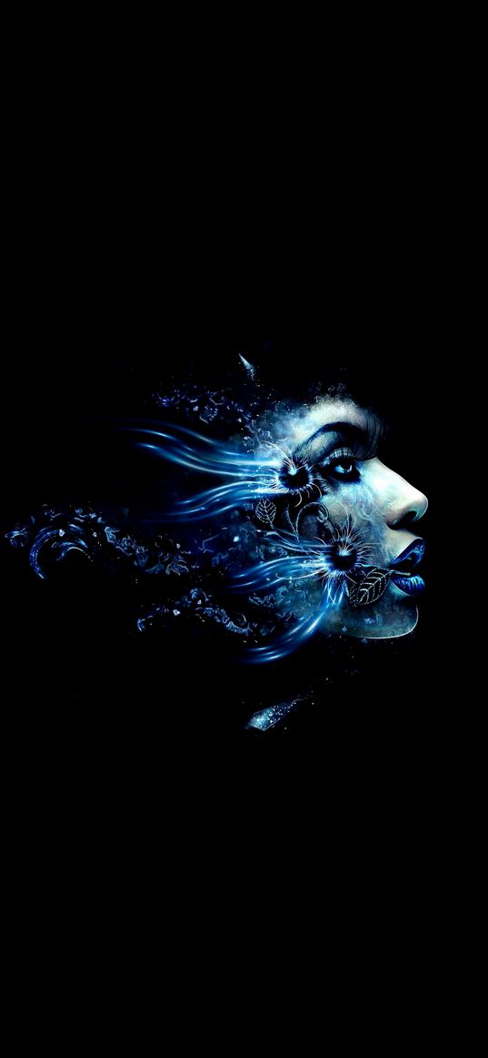 girl, digital art, blue color, black background